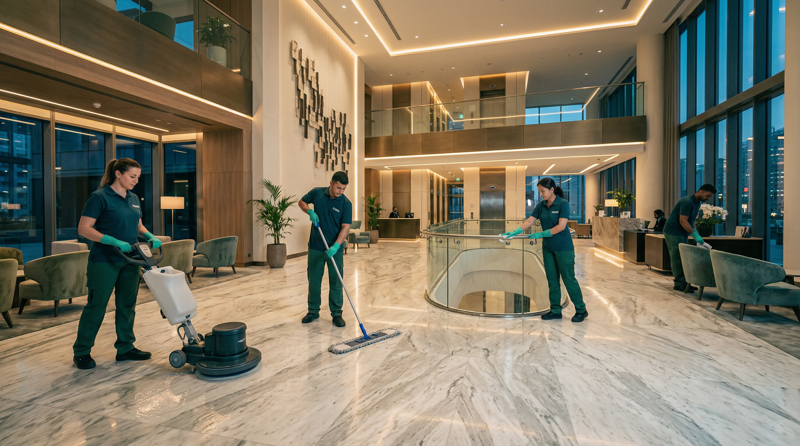 فريق تنظيف احترافي يعمل في مبنى تجاري فاخر